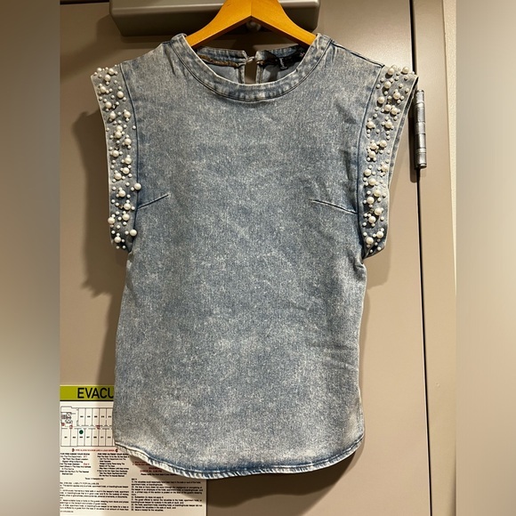 Love University Tops - Love University Janice Denim, Diamonds and Pearl Top Size Small